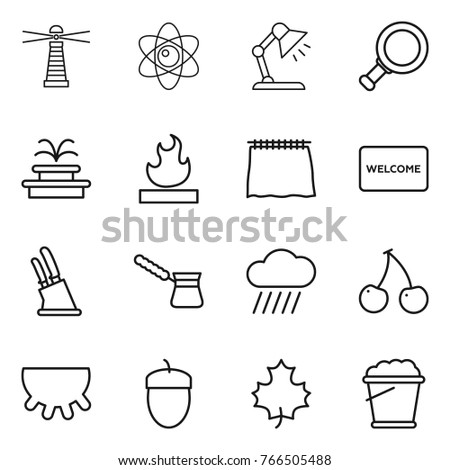 Thin line icon set : lighthouse, atom, table lamp, magnifier, fountain, flammable, curtain, welcome mat, knife holder, turk, rain cloud, cherry, udder, acorn, maple leaf, foam bucket