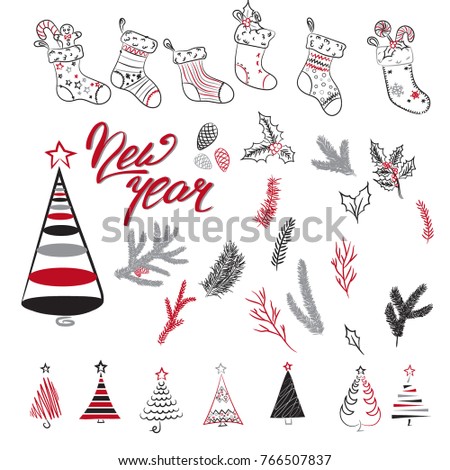 Christmas set of plants with branches, leaves and berries. Christmas trees. Handwritten modern brush lettering. Hand drawn design elements.