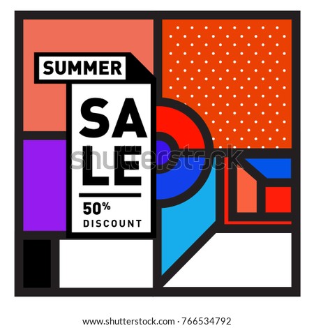 Summer sale memphis style web banner. Fashion and travel discount poster. Vector holiday Abstract colorful illustration with special offer and promotion.