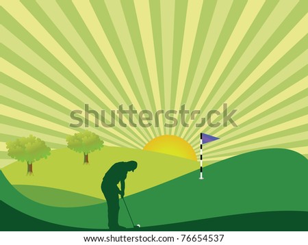 Golfer silhouette in green rolling countryside with bright sun and sunburst sky