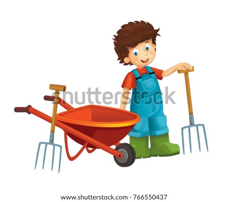 cartoon scene young boy near wheelbarrow - farming tools illustration for children