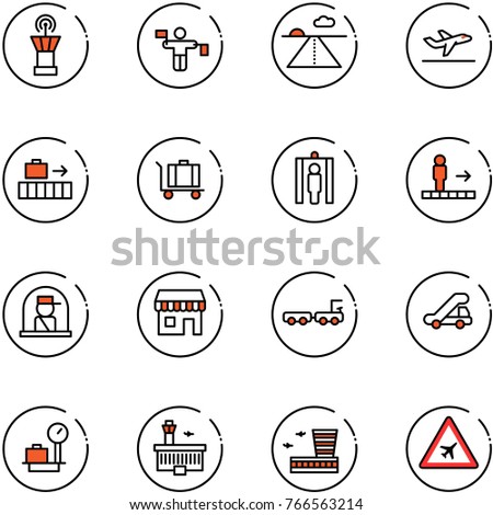 line vector icon set - airport tower vector, traffic controller, runway, departure, baggage, metal detector gate, travolator, officer window, duty free, truck, trap, scales, building, road sign