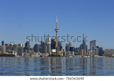 View of the Toronto Skyline from the water in Toronto Harbour on a bright sunny summer day.