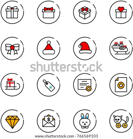line vector icon set - gift vector, bow, christmas hat, santa sleigh, medical label, certificate, diamond, mail dollar, toy rabbit, cat