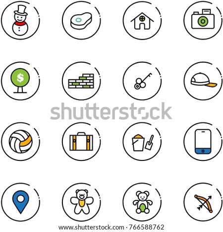 line vector icon set - snowman vector, meat, home, camera, money tree, brick wall, key, cap, volleyball, suitcase, bucket scoop, mobile phone, navigation pin, bear toy, bow
