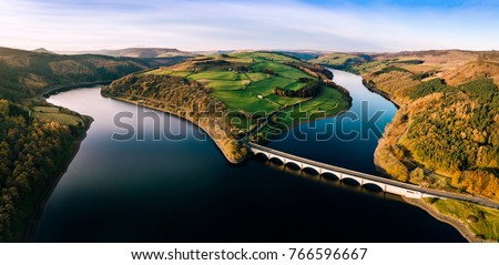 Aerial Panorama of Ladybower Reservoir, in the Peak District National Park. Royalty-Free Stock Photo #766596667