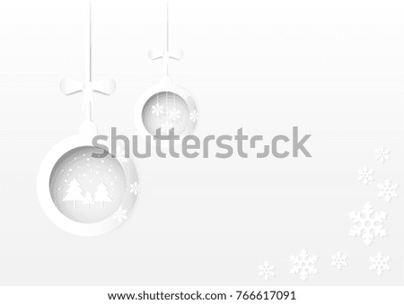 Christmas ball, snowflake and tree, Christmas and Happy New Year background vector illustration paper art style