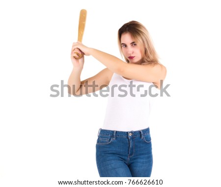 Young cute girl with baseball bat, isolated