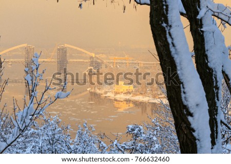 winter landscape with river and bridge, winter, frosty day