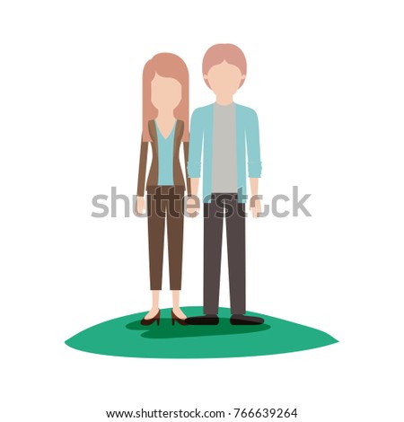 faceless couple colorful scene outdoor and her with blouse and jacket and pants and heel shoes with layered hair and him with shirt and jacket and pants and shoes with middle part hairstyle