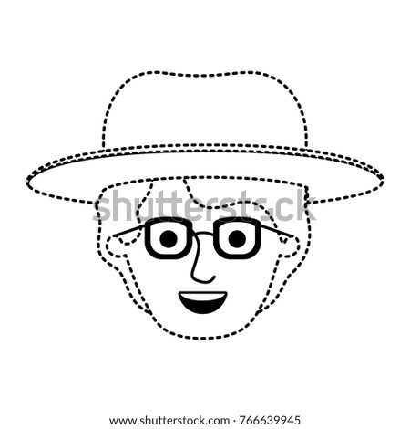 male face with hat and glasses and short wavy hair in black dotted silhouette