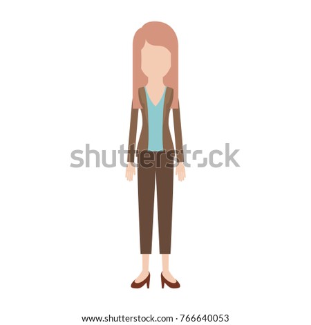 faceless woman full body with blouse and jacket and pants and heel shoes with layered hair in colorful silhouette
