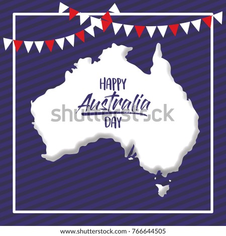 happy australia day poster with white frame and australian map over dark blue background