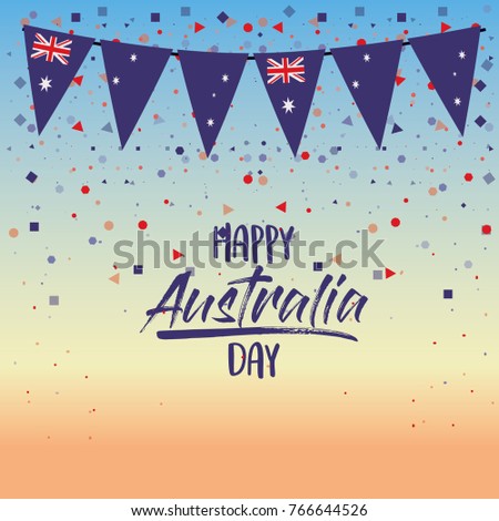 happy australia day poster with dawn sky scene background with colorful festoons and confetti