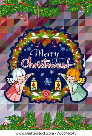 Winter holiday card with pine branches, sweet little angels and artistic written text "Merry Christmas!". Vector clip art.