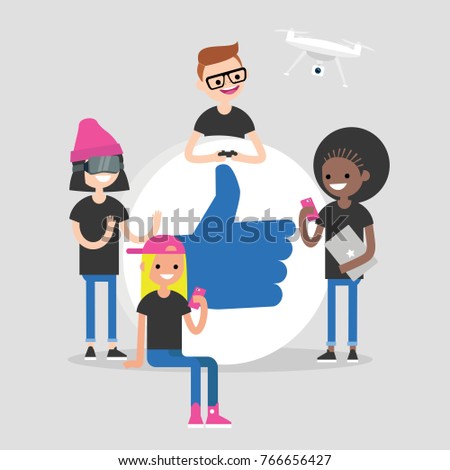 A group of millennial friends gathering around big "Thumbs up" sign. Gadgets. Modern lifestyle. Advanced users. Flat editable vector illustration, clip art