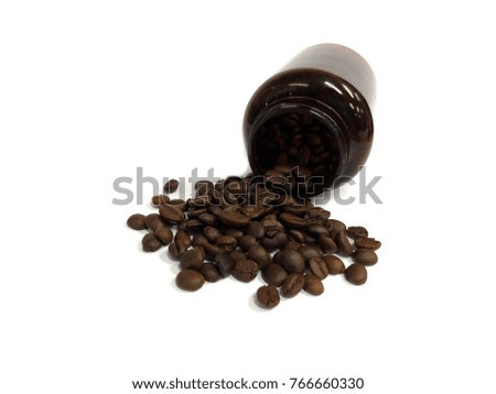 Dry coffee beans in bottle isolated on white background