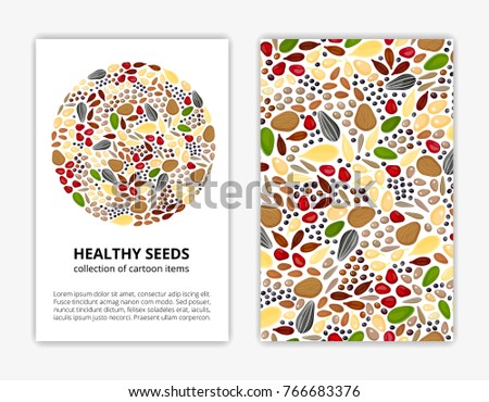 Card templates with cartoon colorful seeds. Used clipping mask. Royalty-Free Stock Photo #766683376