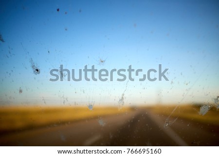Splatter of dead flying fish insects on a windshield killed by impact with the glass while travelling through Wyoming Royalty-Free Stock Photo #766695160