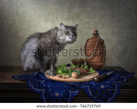 Curious Kitty and Still life with smoked meat