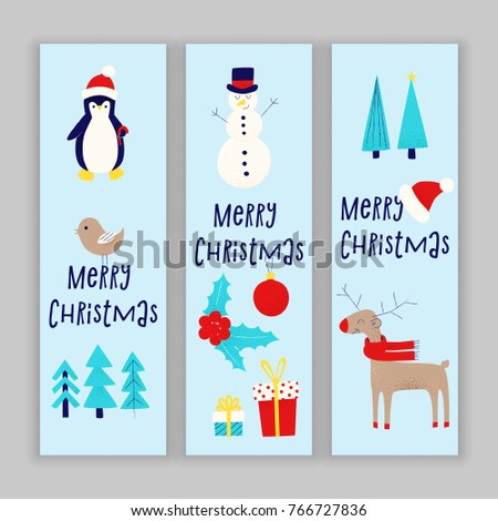 Christmas card with snowman, penguin and deer