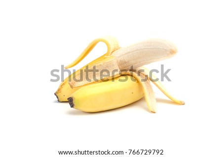 Half peeled ripe banana lean on unpeeled banana isolated over white background.Yellow Bananas.