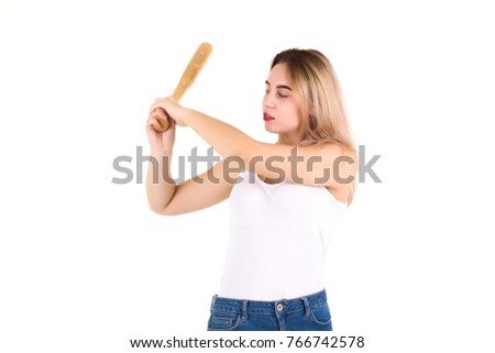 Young cute girl with baseball bat, isolated