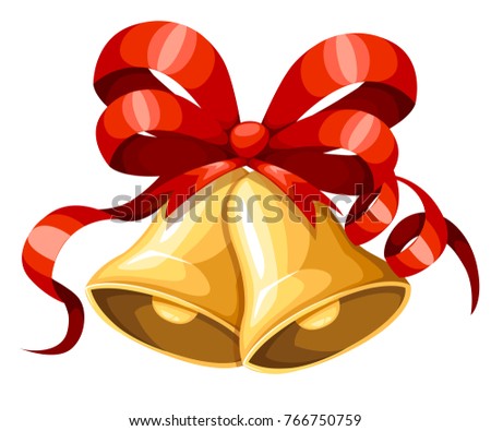 Golden Christmas bell with red ribbon and bow. Xmas decoration. Jingle bells icon. Vector illustration isolated on white background. Web site page and mobile app design