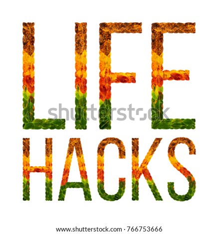 life hacks word is written with leaves white isolated background, banner for printing, creative illustration color leaves life hacks