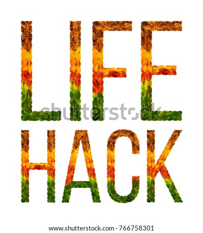 life hack word is written with leaves white isolated background, banner for printing, creative illustration of color leaves life hack