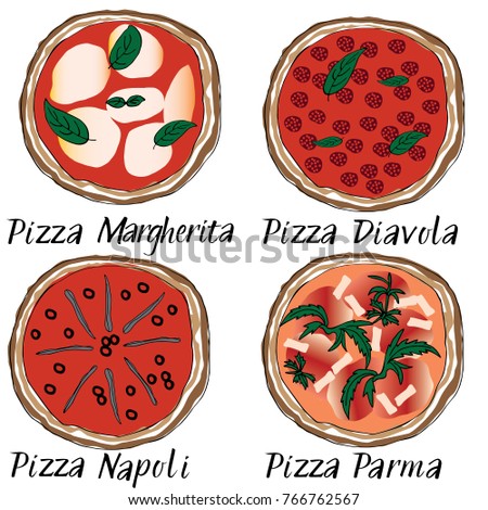 Pizza set hand drawn doodle graghic. Margherita, Diavola, Napoli, Parma Italian names lettering