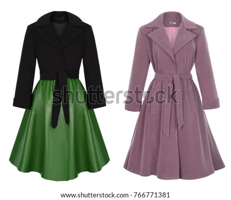 Set of beautiful elegant woolen winter clothes, autumn coat with belt, bottom of leather, front view, green-black and pink, clipping, isolated on white background