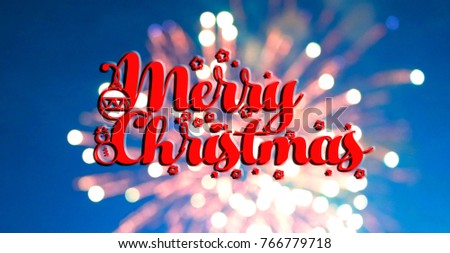 Handwritten decorative trendy Merry Christmas text on the real fireworks background. Happy 2022 New Year. Holiday Vector Illustration With Lettering Composition And Burs
