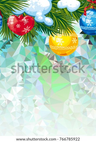 Mosaic background with pine branches and Christmas ornament. Copy space. Vector illustration.