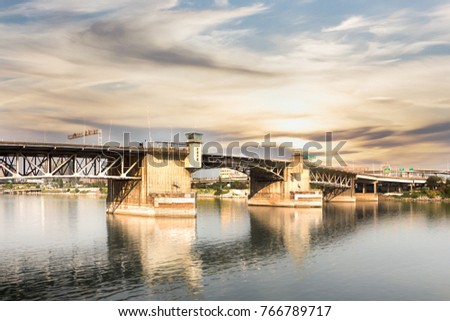 View of the Burnside Bridge at the WIllamette River, Portland. Royalty-Free Stock Photo #766789717