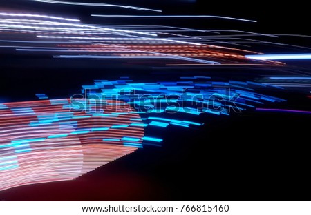 Panning. Motion blur. Abstract painting color textures with lighting effects. Wild light pattern. Fractal chart art design. Creative photography of exposure. Abstract light building at night.