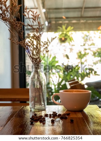 good atmosphere, Hot coffee, flower vase on the morning table