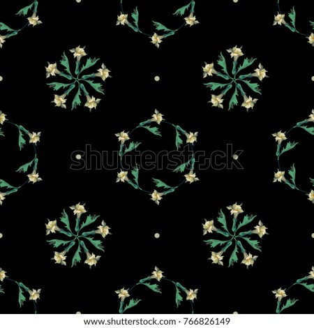 Seamless floral geometrical pattern with crowns of datura blossom and dots.