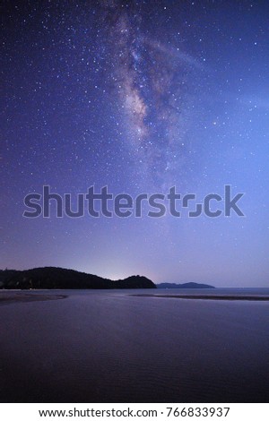 The starry sky and the Milky Way. Image contain noise, blur due to slow shutter speed.