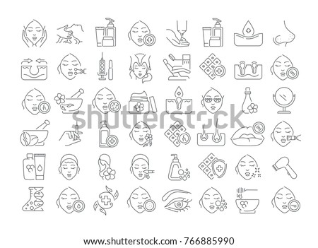 Vector graphic set. Icons in flat, contour, outline thin and linear design. Cosmetology. Skin care. Simple isolated icons. Concept illustration for Web site. Sign, symbol, element. Royalty-Free Stock Photo #766885990