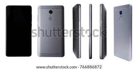 Different view of modern smartphone isolated on white background. Front back perspective view of new mobile phone. Different sides of smartphone. Royalty-Free Stock Photo #766886872