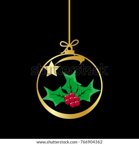 Flat Christmas Ball with Bow and  Mistletoe. Vector Gold Bauble with green and red Holly Berry decorative xmas ornament. Illustration isolated on black background. Silhouette Icon Symbol Design. 
