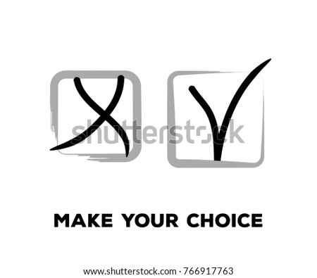 Tick and Cross Vector Collection Square Frames.  Hand Painted Election, Quizz, Voting, Test Symbols. Ink Brush Rejection and Approval, Query Choice Icons. Tick and Cross as Yes and No Symbolic Marks.