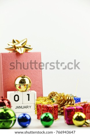 1 January Wooden calendar and Gift boxes New year accessories concept copy space