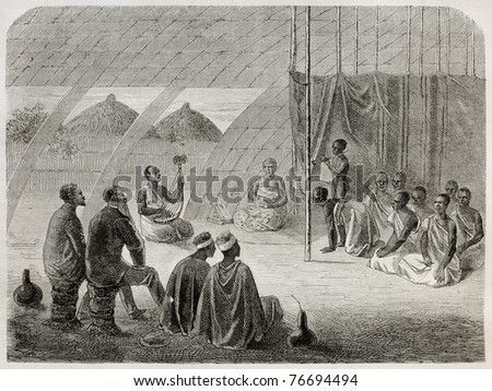 Old illustration of tribal queen audience to Speke and Grant explorers. Created by Bayard, published on Le Tour du Monde, Paris, 1864