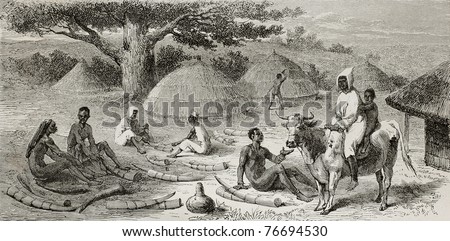 Old illustration of ivory traders in southern Sudan. Created by Bayard, published on Le Tour du Monde, Paris, 1864