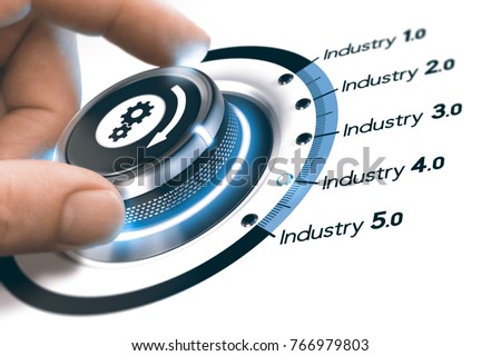 Hand turning a knob with gears icon over white background. Concept of industrial revolutions steps and industry 4.0. Composite image between a photography and a 3D background.