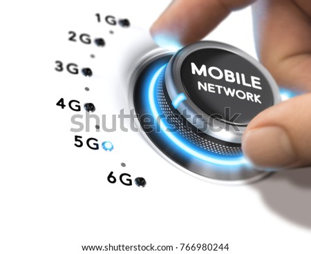 Hand turning a knob over white background and selecting the 5G mobile network generation. Composite image between a hand photography and a 3D background. Royalty-Free Stock Photo #766980244