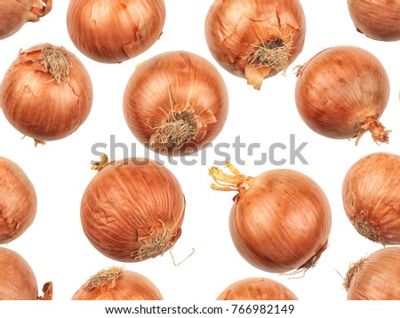 Nine photographed large onions on white backlit background. Seamless image to be repeated endlessly.