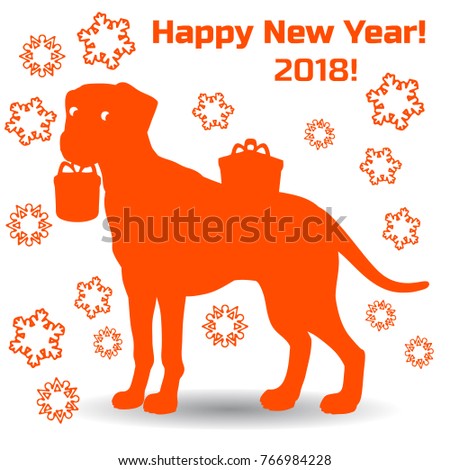 Symbol of the year, orange dog holding a gift in the teeth, cartoon on a white background, vector